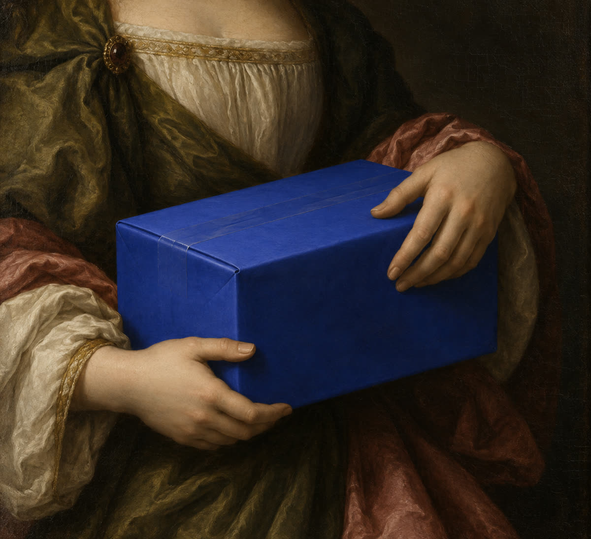 Oil painting of a woman in a green gown holding a bright blue parcel.