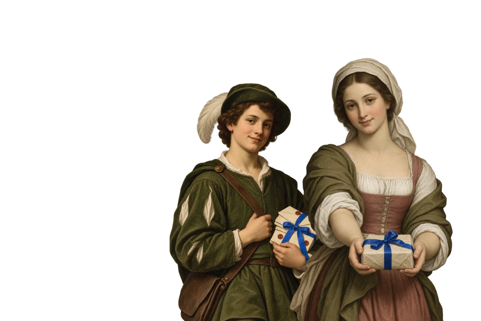 A woman wrapping a parcel with blue ribbon, lifted from the painting.