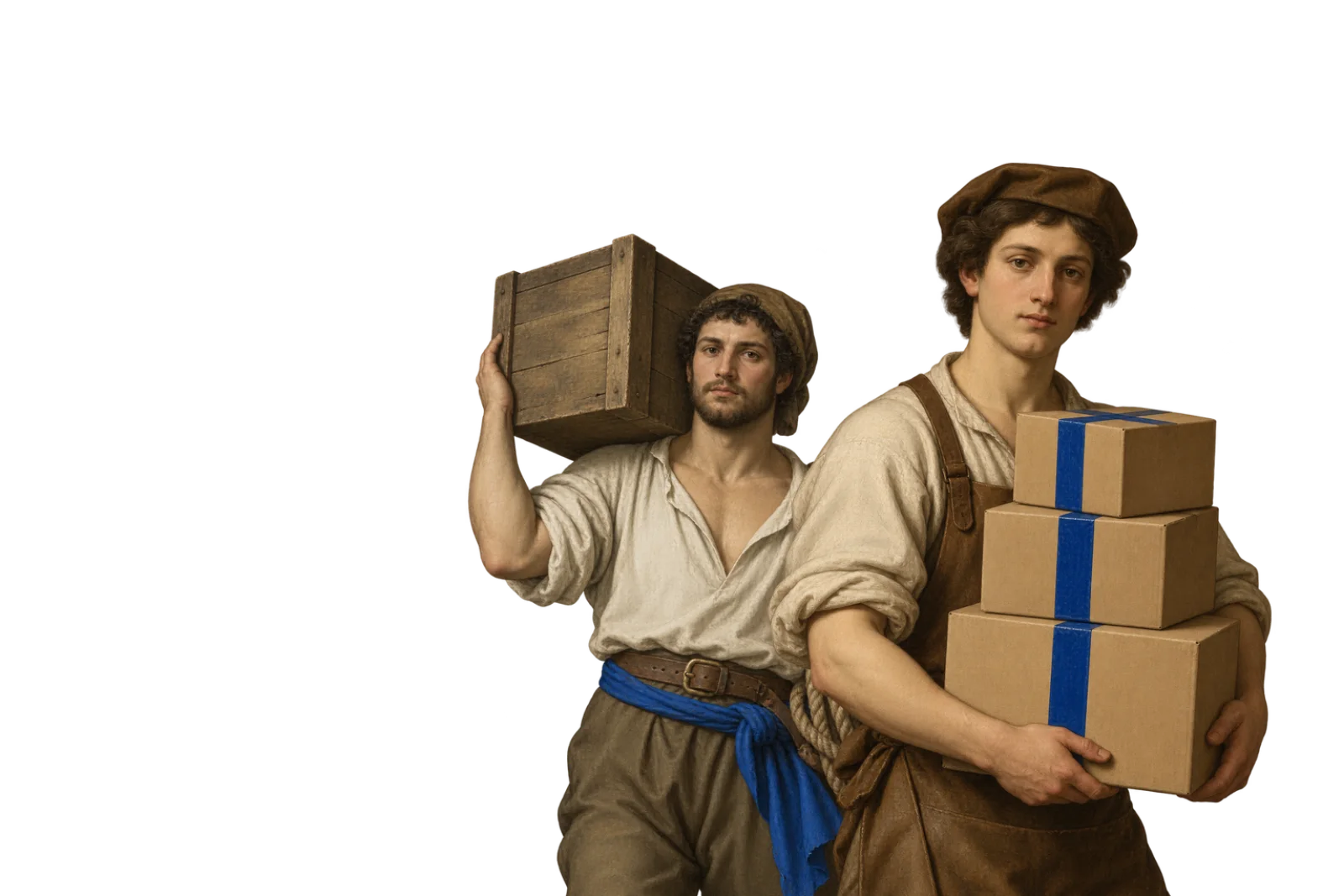 Porters carrying crates along a quay, lifted from the painting.
