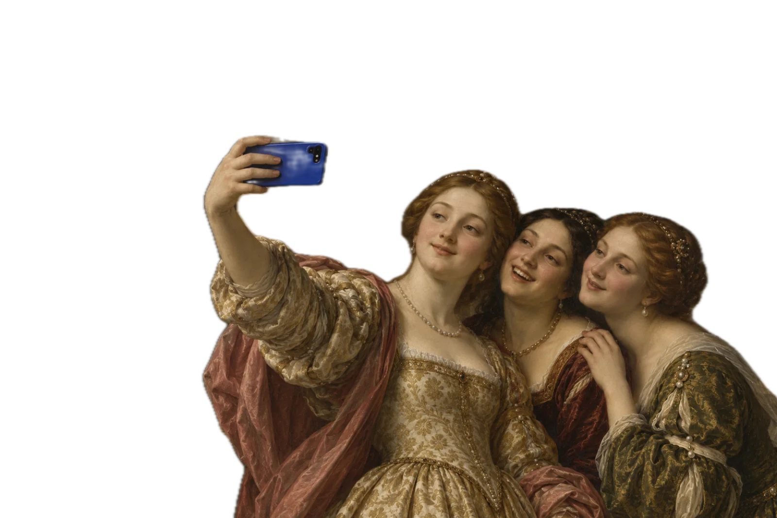 Three Renaissance noblewomen taking a photo with a blue phone, lifted from the painting.