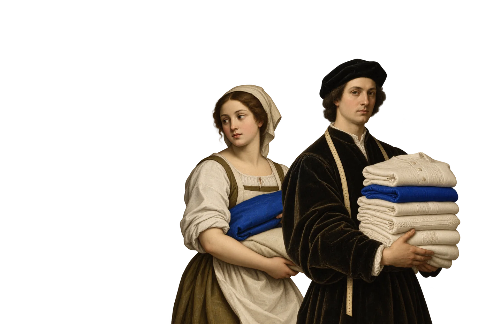 A Renaissance tailor and apprentice folding linen, lifted from the painting.