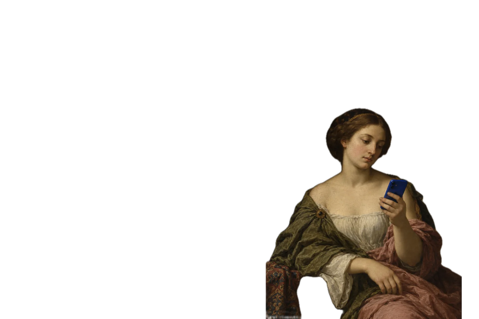 A painted woman in a green and rose gown reading a message on a blue phone.