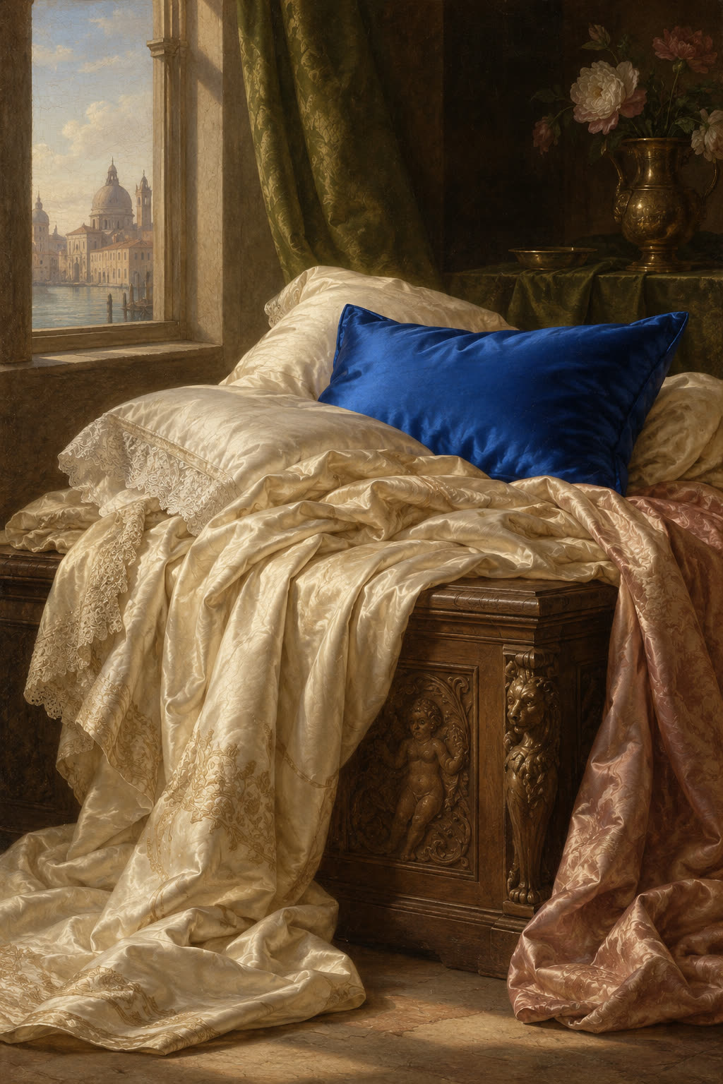 Still life of silk bed linens draped over a wooden chest, one pillow in blue.