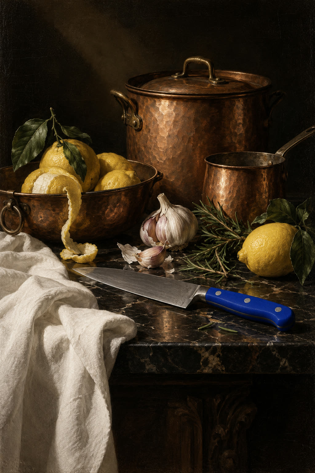 Still life of copper pots, lemons and a knife with a blue handle on dark marble.