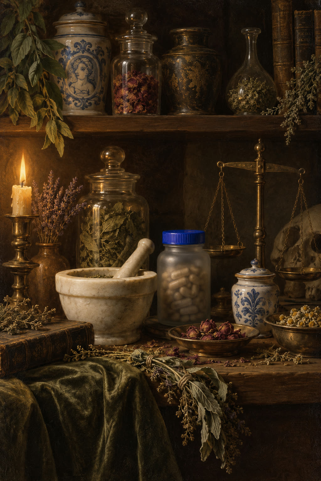 Still life of an apothecary shelf with jars and herbs, one modern jar with a blue lid.
