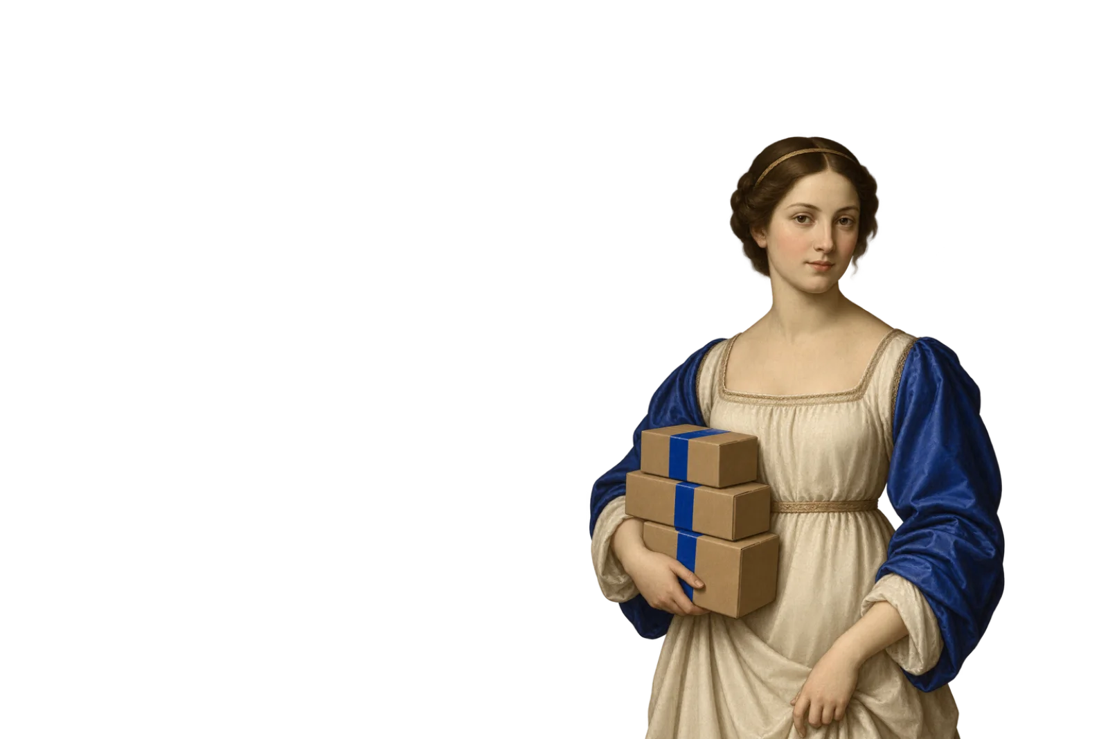 A young merchant in an ivory dress with ultramarine sleeves, lifted from the painting.